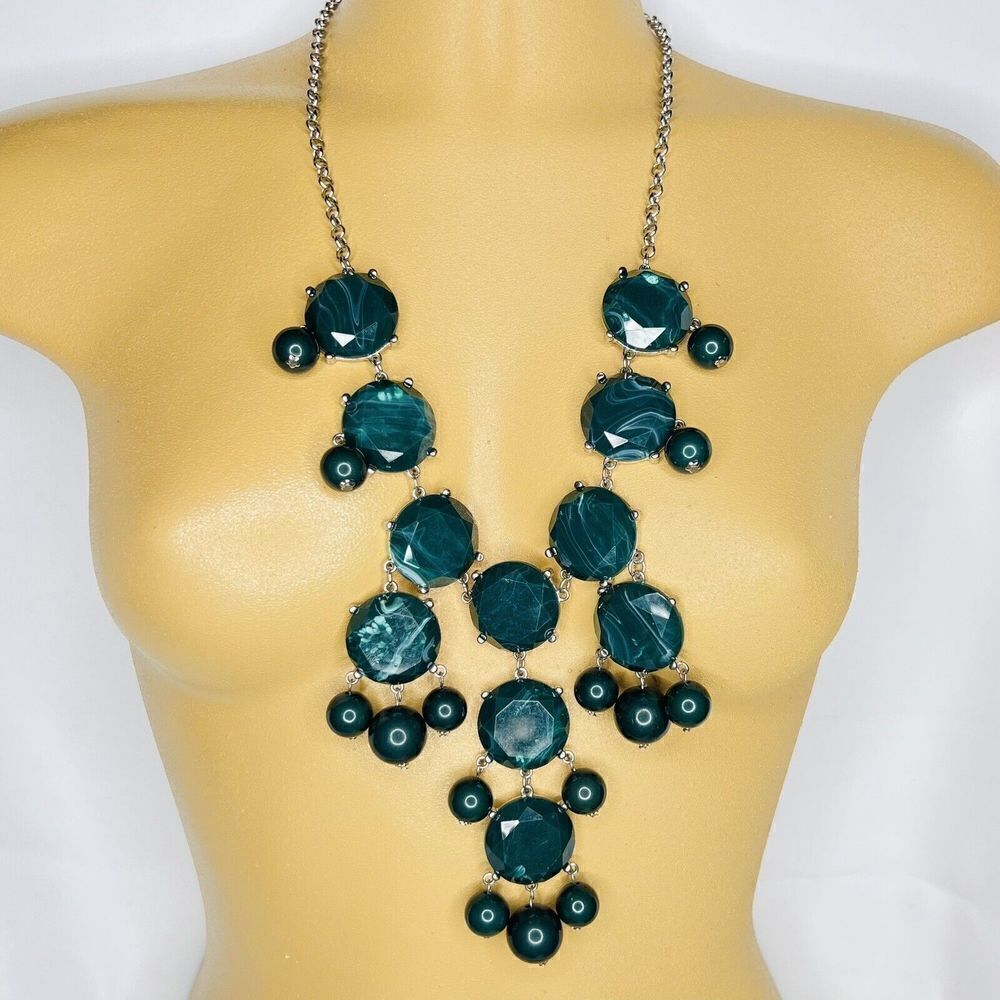 Statement Green Marble Necklace Acrylic Dangle Cabochons Beads Silver Bib 4751